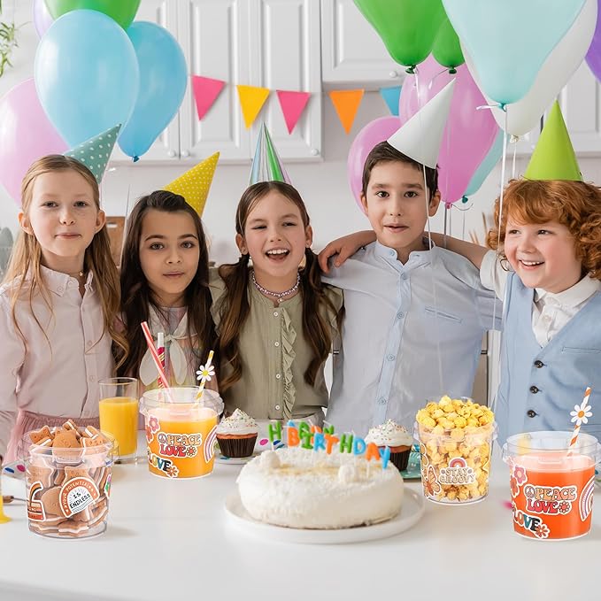 20 Pcs 32 oz Ice Cream Buckets with Lids and Handles Clear Cocktail Rum Buckets Reusable Food Containers with 100 Pcs Boho Stickers 24 Pcs Boho Flower Straws for Party Supplies