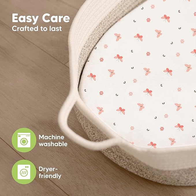 2-Pack Organic Bassinet Sheets for Girls, Boys - 100% Cotton Bassinet Mattress Sheets Compatible with Halo Bassinest Swivel Sleeper, Graco, Baby Delight, Chicco, Fitted Bassinet Sheets (Butterflies)