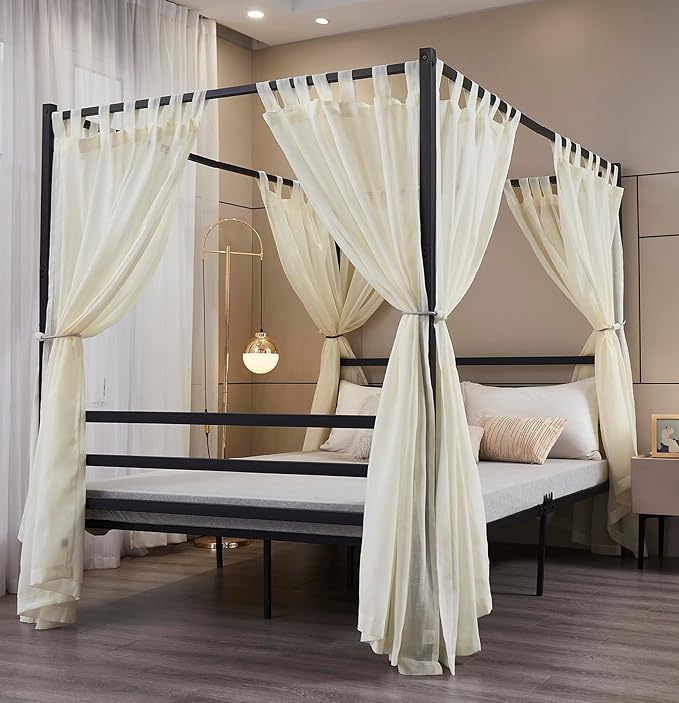 Mengersi Linen Canopy Bed Curtains for Twin,Full,Queen and King Size Bed,Bed Canopy Natural Blended Curtain Panels, 8 Panels Set (All Bed Sizes, Ivory)