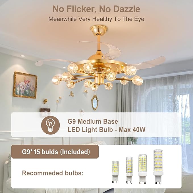 48" Chandelier Ceiling Fans with Lights: 15-Light Sputnik Crystal Ceiling Fan Chandelier - Modern Retractable Fandelier Ceiling Fan for Living Dining Room Bedroom - Gold Fandelier with Lights