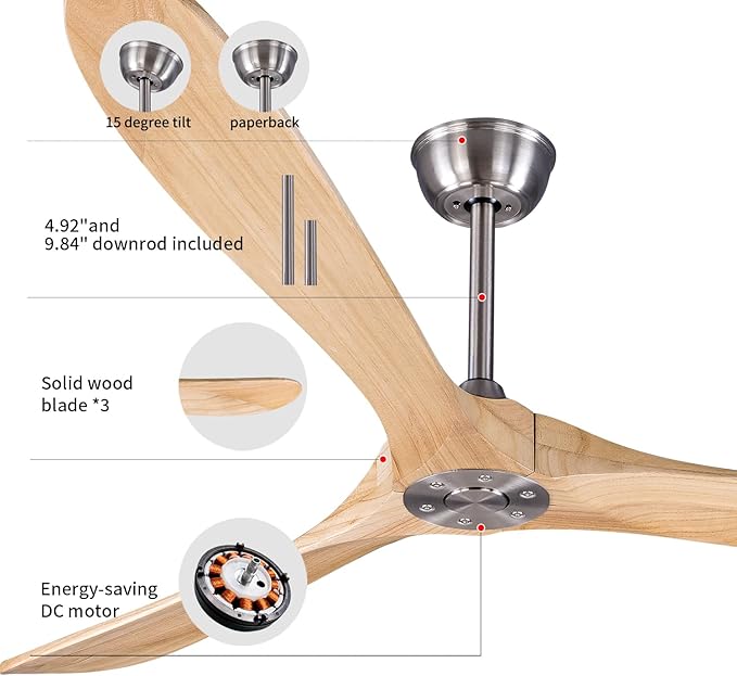 Bigzone 70" Ceiling Fans With Remote, DC Motor Energy Efficient, 3 Wood Blades, Real Wood Ceiling Fan No Light, Brushed Nickel Ceiling Fan With Reversible Blades