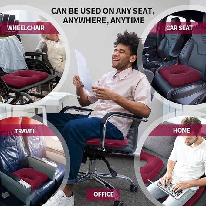 Inflatable Donut Pillow,Hemorrhoid Cushion- Excellent for Tailbone, Prostate, Sciatica, Bed sores, Postpartum Pregnancy, Post-Surgical Pain-Orthopedic Firm seat Cushion for Home, Office or car (red)