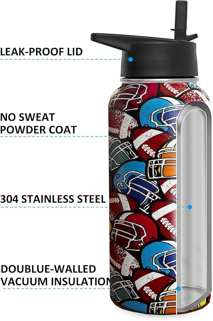 32 oz Football Water Bottle Insulated Vacuum Stainless Steel Sports Water Bottle with 2 Lids (Straw and Spout Lid) for Gym Camping Hiking