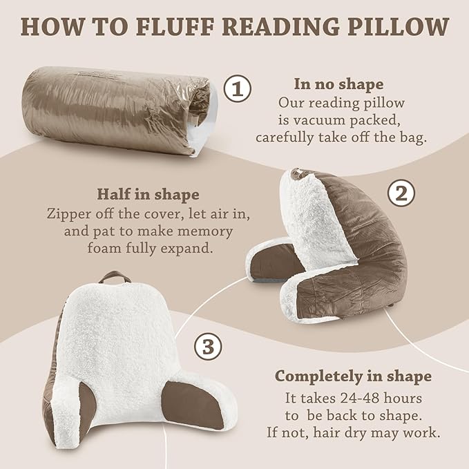 LOVTEX Reading Pillow with Removable Cover, Back Pillow for Sitting Up in Bed with Arms and Pockets, Sherpa Bed Rest Pillow Adult, 20 x 15 Inches(Brown and White)