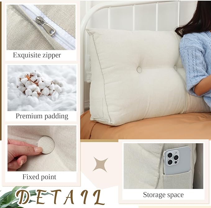 Wenqik Wedge Pillow Triangular Dorm Headboard Bed Rest Reading Backrest Back Support Long Bolster Pillow with Removable Cover for Dorm Room Supplies(Beige,King (79 x 20 x 8 Inch))