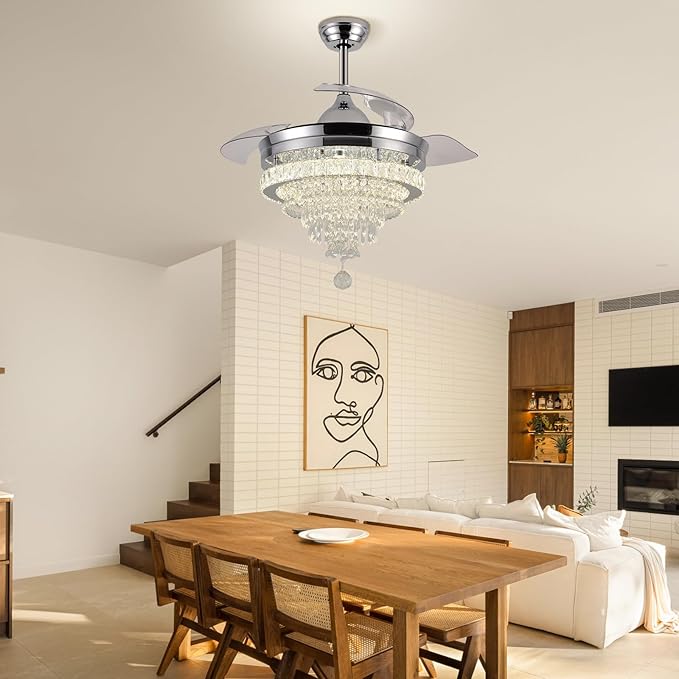 LEONTYNE 42" Modern Fandeliers Chandelier Ceiling Fan LED Dimmable Crystal Ceiling Fan with Light and Remote 6 Speed 3 Blades Retractable Fans for Bedroom Living Dining Room