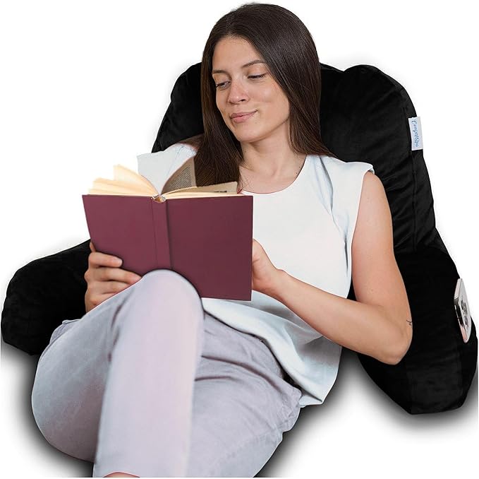ComfortSpa Reading Pillow for Bed Adult Size, Back Rest Pillow with Arms, Pockets and Washable Cover; Use as Bed Pillows for Sitting Up in Bed for Bedrest or Relief from GERD Heartburn (X-Large Black)