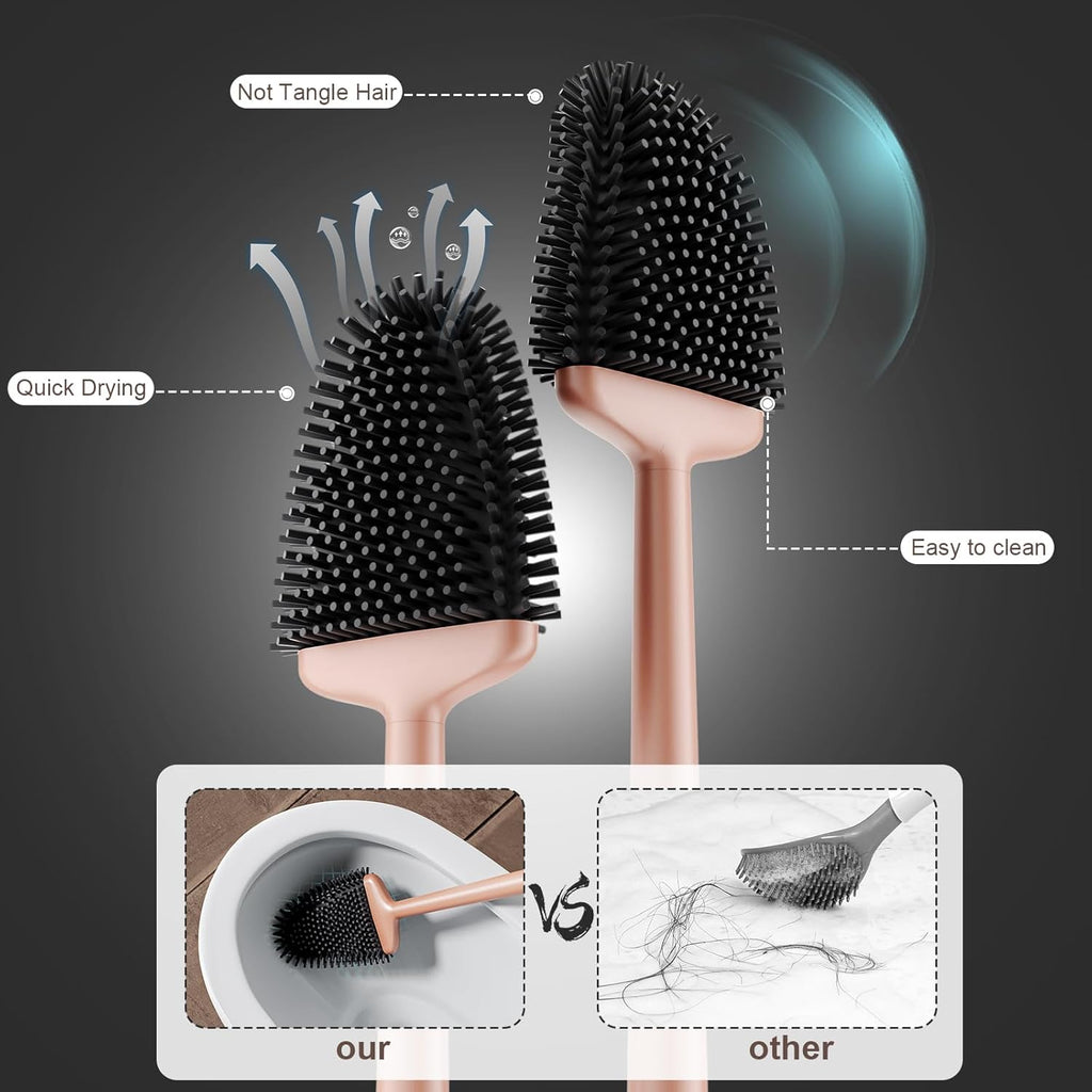 Sellemer Toilet Brush and Holder Set - Flexible Toilet Bowl Brush Head with Silicone Bristles, Compact Size for Storage and Organization, Ventilation Slots Base (1 Pack, Rose Gold)