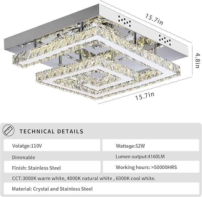 16" Modern Crystal Chandelier, Adjustable Led 3 Color Dimmable Ceiling Light 2 Layers Square Flush Mount Ceiling Lamp for Bedrooms Dining Rooms Living Room Kitchen Staircase Hallway(Dimmable)