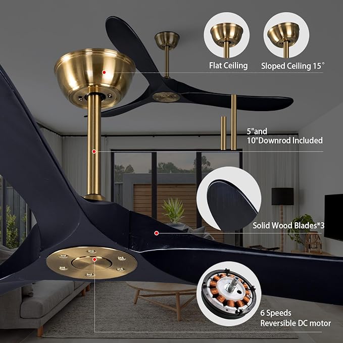 Bigzone 60" Black Ceiling Fan Without Light, DC Motor Quiet Energy Saving,3 Balsa Black Wood Blades,Wood Ceiling Fan With Remote Control, Reversible Blades