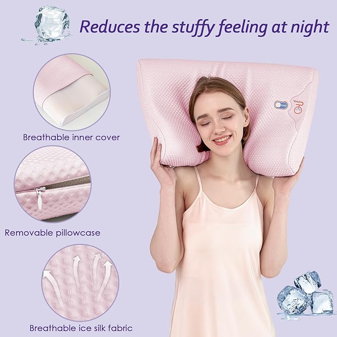 Silicone Cervical Pillow for Pain Relief, Shoulder & Neck Support Machine Washable Silicone Neck Pillow with Cool Silk Breathable Pillowcase, Ergonomic Pillow for Side, Back, Stomach Sleepers
