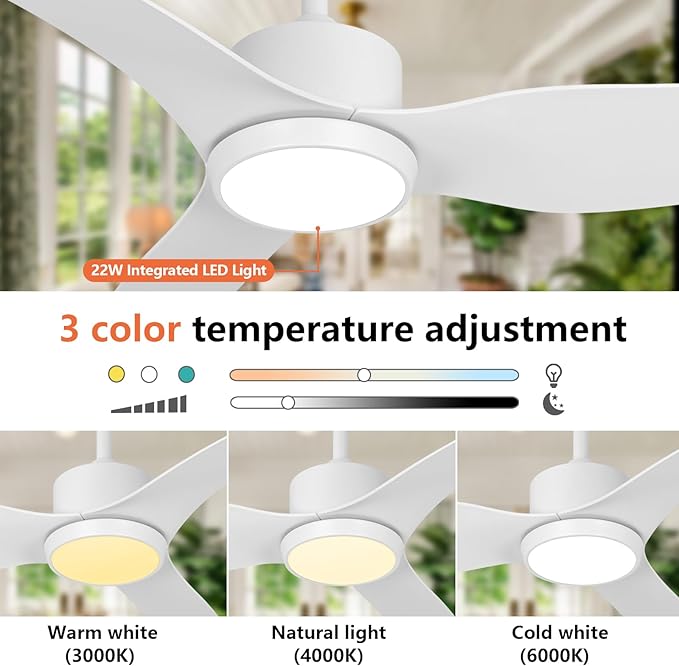 White Ceiling Fan with Light Remote 52in Timing 6Speeds Silent DC Motor 3CCT LED Light with Memory Lighting Function Indoor Outdoor Fan Farmhouse Bedroom Living Room use