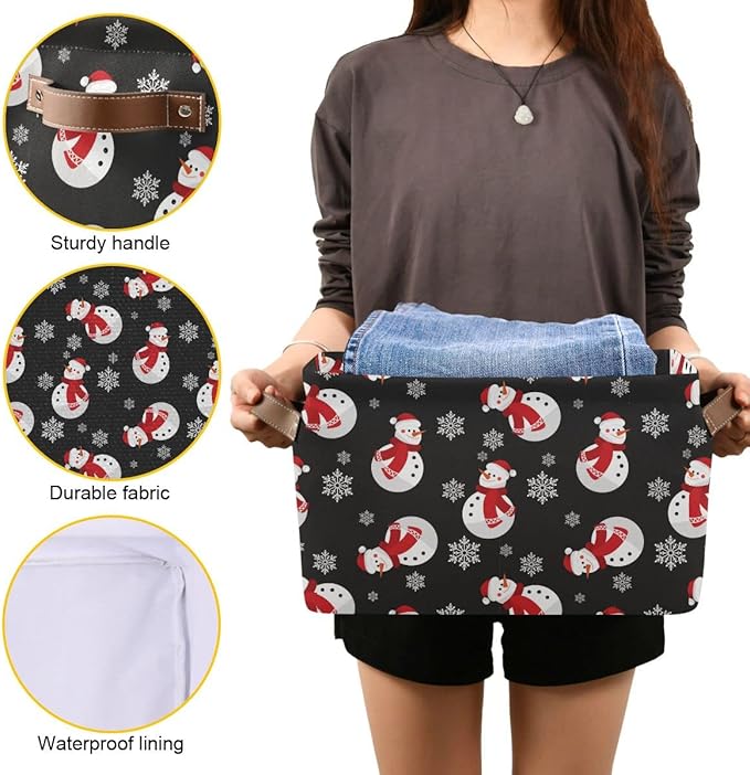 Winter Snowman Snowflake Storage Basket Fabric Laundry Baskets Christmas Holiday Xmas Decorations Storage Boxes Organizer Bag for Baby Cloth Dog Toy Book Storage Cubes Shelf Closet Bins 16×12×8