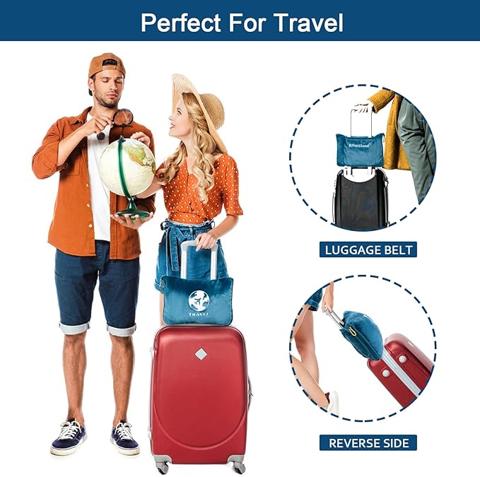 Bnuitland Travel Blanket and Pillow 2 in 1, Soft Flannel Airplane Blanket in Bag Compact-Long Flight Essential for Adults and Kids, Portable Luggage Sleeve and Backpack Clip, 65×40 inch Teal Blue