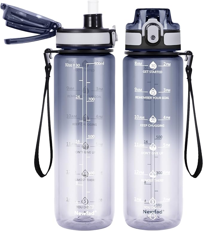 32 oz Water Bottle with Detachable Straw, Clear Motivational Water Bottles with Time to Drink, Tritan & BPA Free Sports Water Jug with Time Marker, Upgraded handle design
