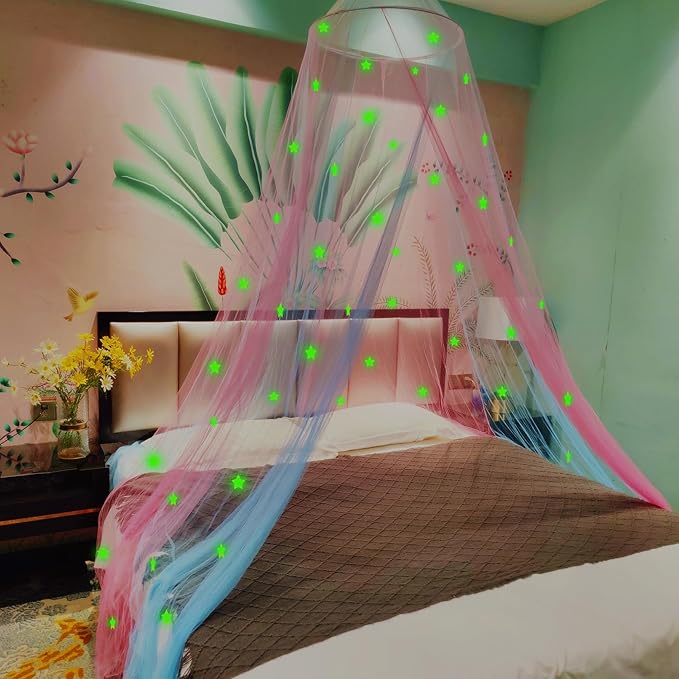 Eimilaly Two-Tone Bed Canopy Glow in The Dark Pink Blue, Mosquito Net Bed Canopy for Girls Room Decor, Single Door