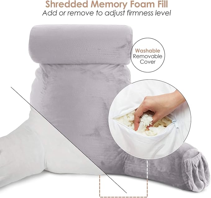Nestl Reading Pillow Large Bed Pillow, Back Pillow for Sitting in Bed Shredded Memory Foam Chair Pillow, Reading & Bed Rest Pillows Grey Lavender Back Pillow for Bed, Bed Chair Arm Pillow with Pockets