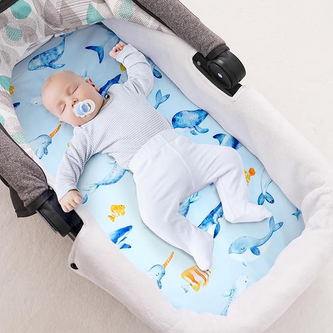 3 Pack Bassinet Sheets, Ultra Soft Breathable Comfortable Baby Sheet Set for Boys Girls Neutral, Univeral Fit for Most Cradle and Bassinet Mattress, Whale