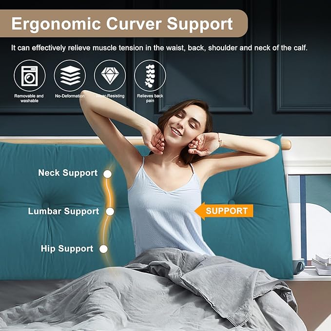 Large Triangular Headboard Pillows Long Backrest Positioning Support Bolster Cushion for Daybed Fluffy Quality Plush Body Wedge Pillow with Removable Cover(Dark Blue-Cal King-71x8x20 in)