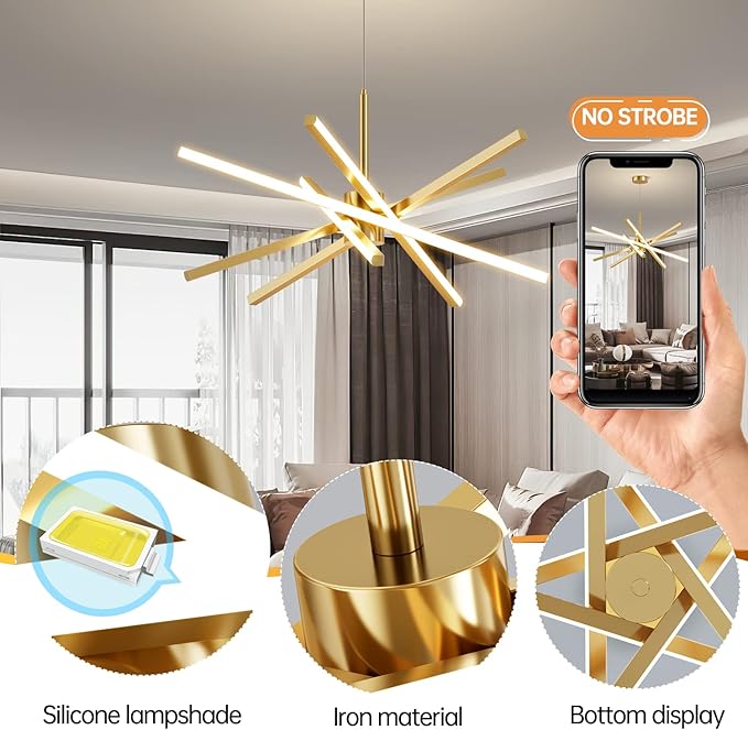 Modern Sputnik Chandelier Ceiling 82W LED Gold Pendant Light Embedded Mount Chandeliers Dining Room Light Fixtures Over Table Dimmable with Remote Control for Living Room Kitchen Bedroom 31.5 inches