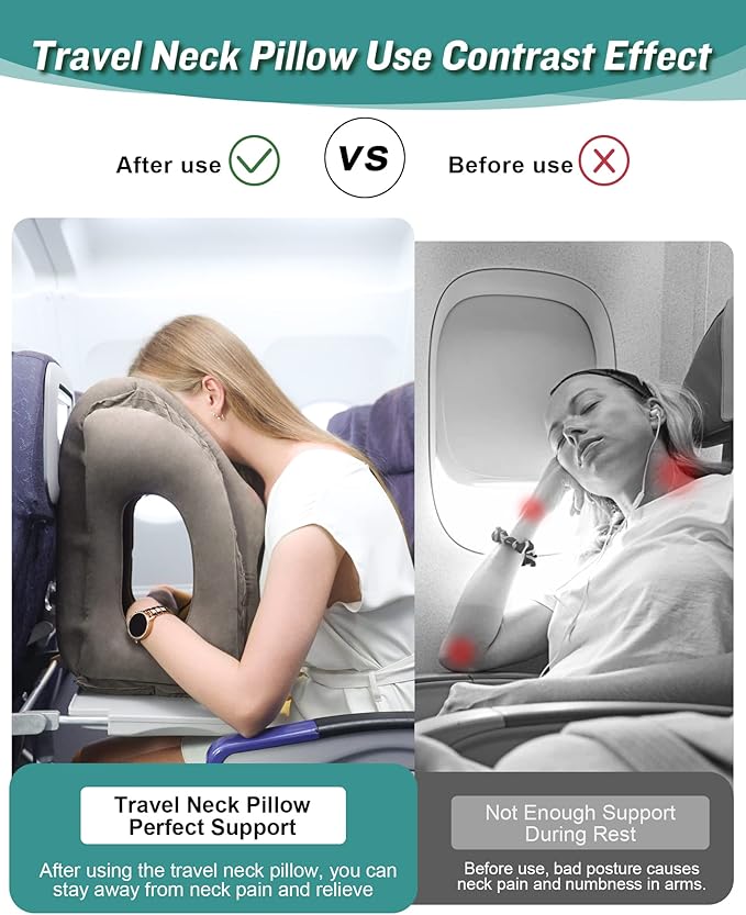JefDiee Inflatable Travel Pillow, Airplane Neck Pillow Comfortably Supports Head and Chin for Airplanes, Trains, Cars Office Napping on The Tray Table (Grey)
