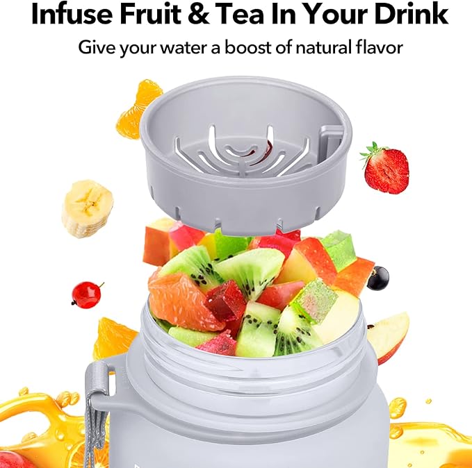 32oz/26oz Motivational Water Bottle with Time Marker & Fruit Strainer, Leak-proof BPA Free Non-Toxic 1l Bottle with Carrying Strap, Perfect for Fitness, Gym and Outdoor Sports, Plastic