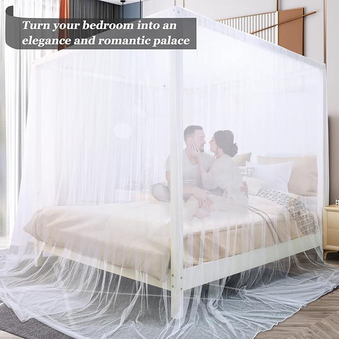 tupi Canopy Bed Curtains for King/Queen Size Bed, 4 Poster Bed Canopy, Elegant White Mosquito Net, 4 Corner Canopy Curtain with 4 Openings, Ultra Ripstop Polyester, Easy Installation
