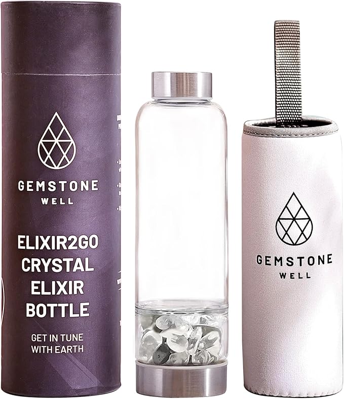 Crystal Water Bottle Elixir Set | Includes Authentic Hematite & Clear Quartz Healing Crystals | Black Neoprene Sleeve | Drink Gem Infused Water On The Go