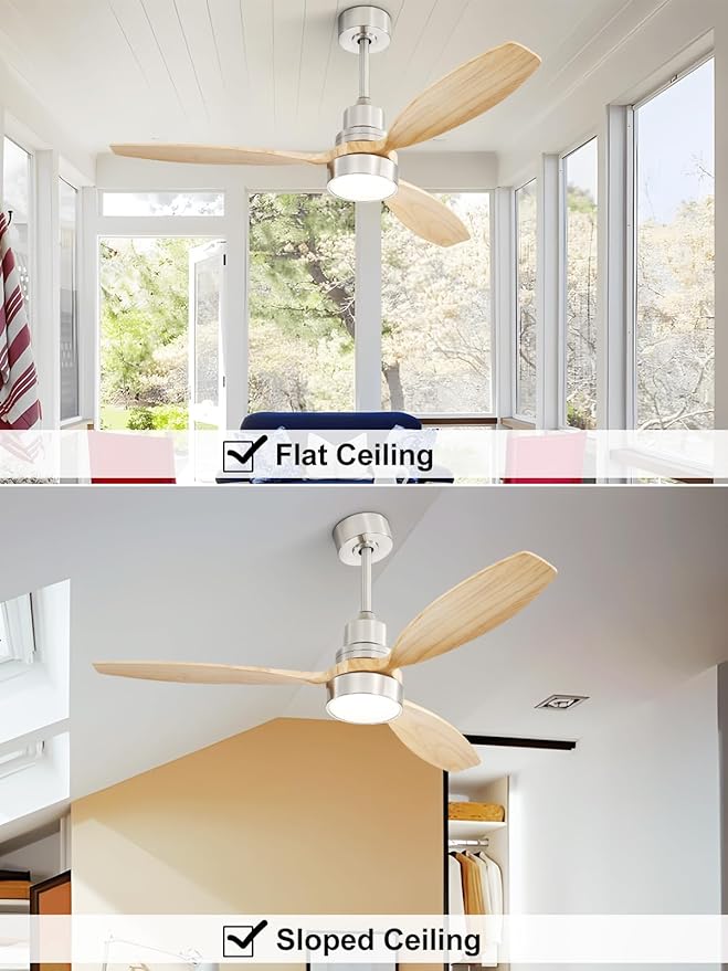 Sofucor 52" Ceiling Fan with Lights Remote Control, 3 Poles for Indoor Outdoor Ceiling Fan with Remote, Wood Ceiling Fan with 3 Color Temperature, Brushed Nickle