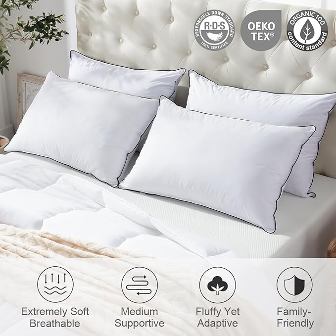 APSMILE Medium Firm Feather Down Pillows Standard Size Set of 2, Luxury Goose Feather Pillow for Sleeping, 600TC/DM Organic Cotton Cover Hotel Bed Pillow Wrapped in Polyester (White, 20"x26")
