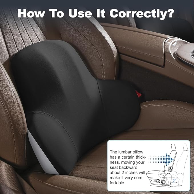 Lumbar Support for Car - Back Cushion for Driving Seat Lower Back Pain Relief - Memory Foam Lumbar Pillow for Car/Office Chair - Ergonomic Streamline Soft Washable Cover-Black&Grey