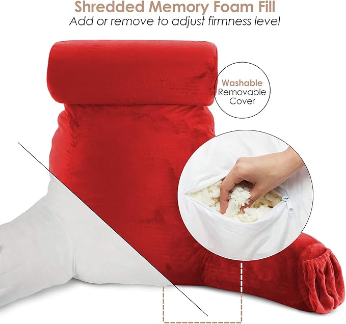 Nestl Reading Pillow Large Bed Pillow, Back Pillow for Sitting in Bed Shredded Memory Foam Chair Pillow, Reading & Bed Rest Pillows Red Back Pillow for Bed, Bed Chair Arm Pillow with Pockets