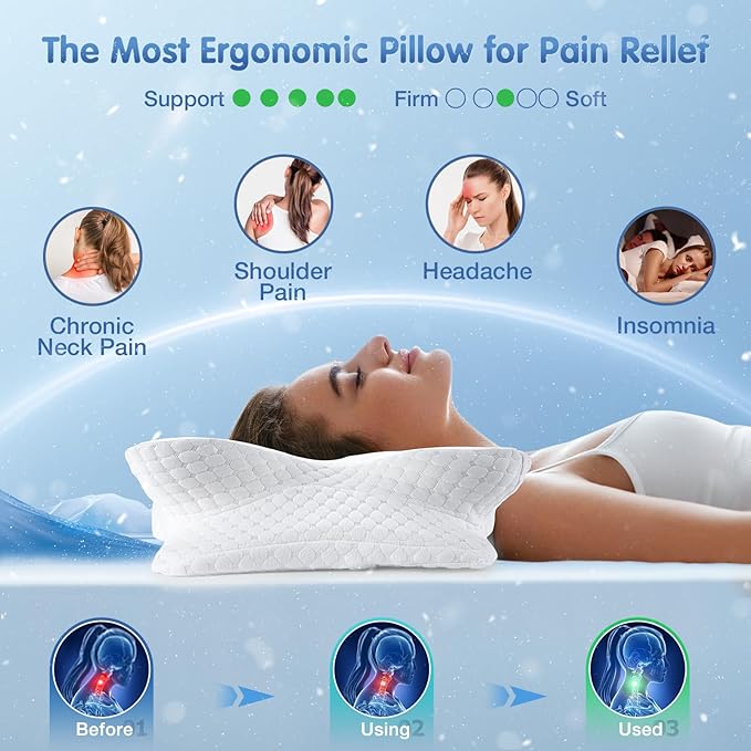 Cervical Neck Pillow for Pain Relief Sleeping, Cooling Contour Memory Foam Support Pillows for Neck and Shoulder Pain, Ergonomic Orthopedic Pillow for Side Back & Stomach Sleepers, White-27