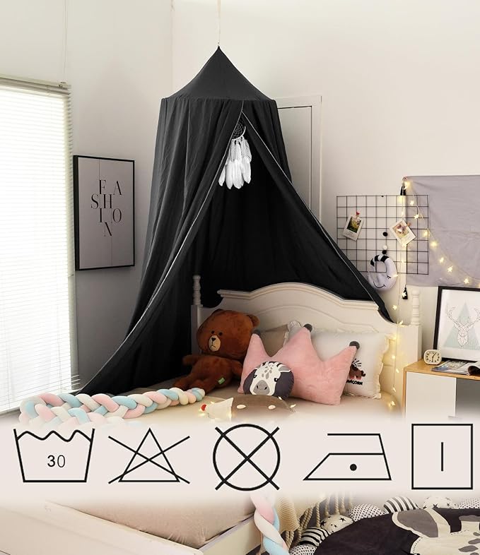Bed Canopy for Boys Girls,Crib Canopy Curtains,Extra Large Dome Mosquito Net Reading Nook Canopy for Kids Boys Twin Full Queen Size Bed,Fire Retardant Fabric (Black)