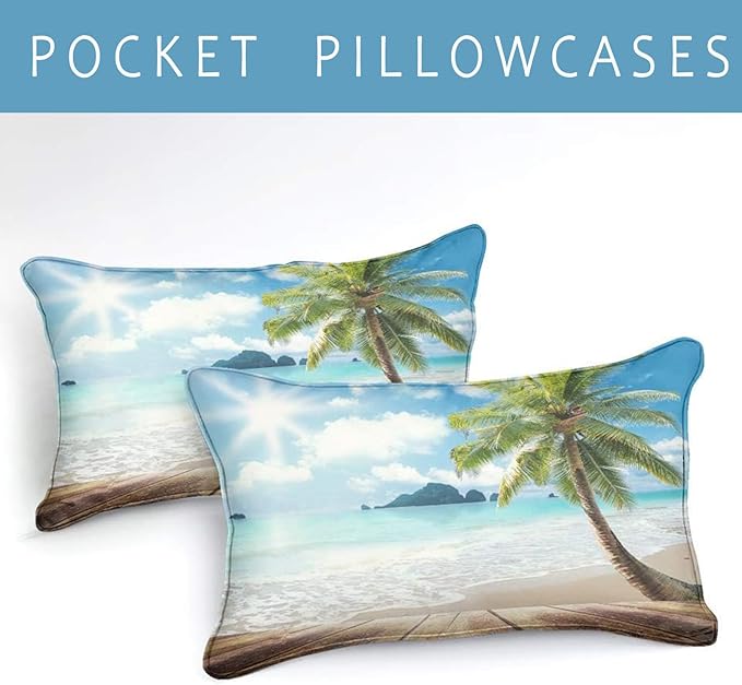 Bedbay Beach Comforter Set California King Ocean Themed Bedding Comforter Tropical Palm Tree Sunny Beach Coastal Bedding Set 4 Pieces for All Season(104" Wx96 L)
