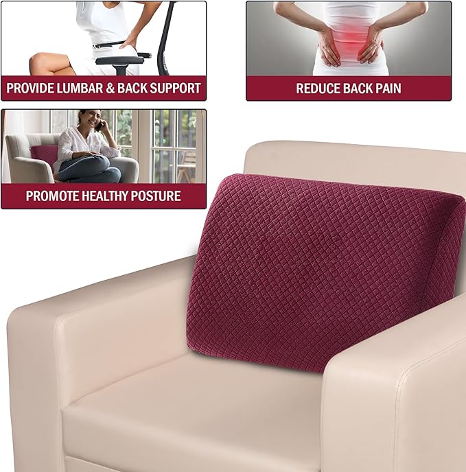 MABOZOO Memory Foam Back Support Cushion for Recliner Chair,Lumbar Support Pillow for Elderly,Extra Large Lumbar Support Pillow with Extension Straps,Wine Red