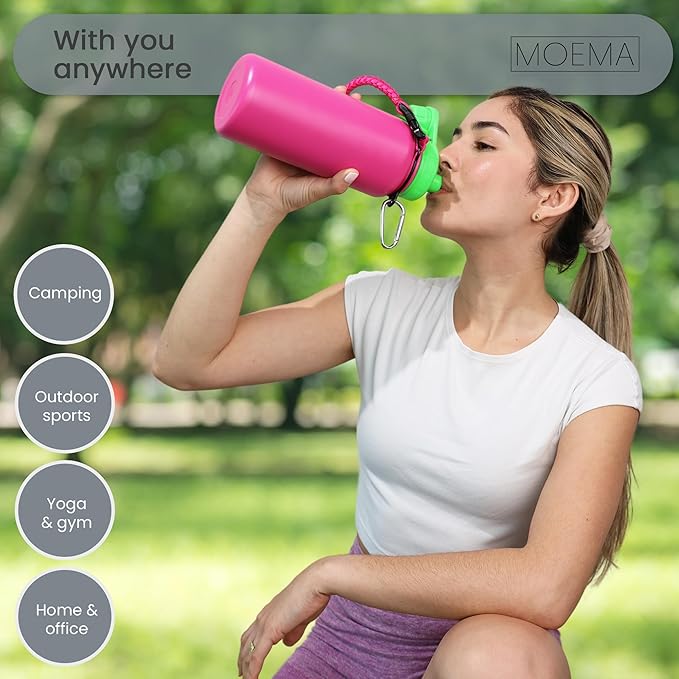 32oz Insulated Water Bottle with Paracord Handle and Straw, Stainless Steel Cup with 2 Lids & Straw, BPA-Free, Thermo Bottle Double Wall Vacuum Insulation, for Gym, Sports (Glamour Pink)