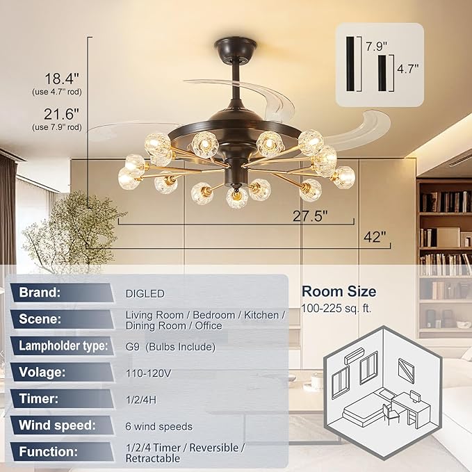 Black and Gold Chandelier Fan: Crystal Sputnik Ceiling Fan with Light and Remote - 42" Modern Fandelier with 15 Lights - Retractable Ceiling Fan for Living Dining Room Kitchen