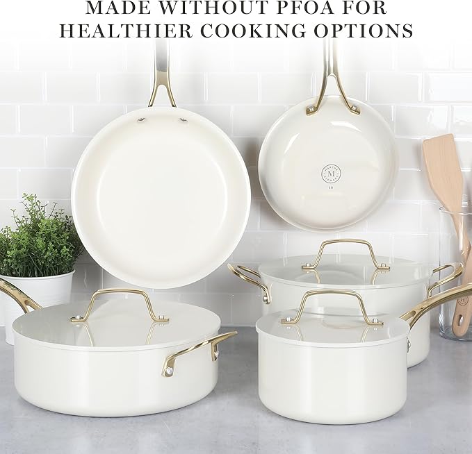 Martha Stewart Galway Premium Nonstick PFA Free Ceramic Interior 10 Piece Heavy Gauge Enamel Aluminum Pots and Pans Cookware Set W/Aluminum Lids - Linen White W/Gold Handle