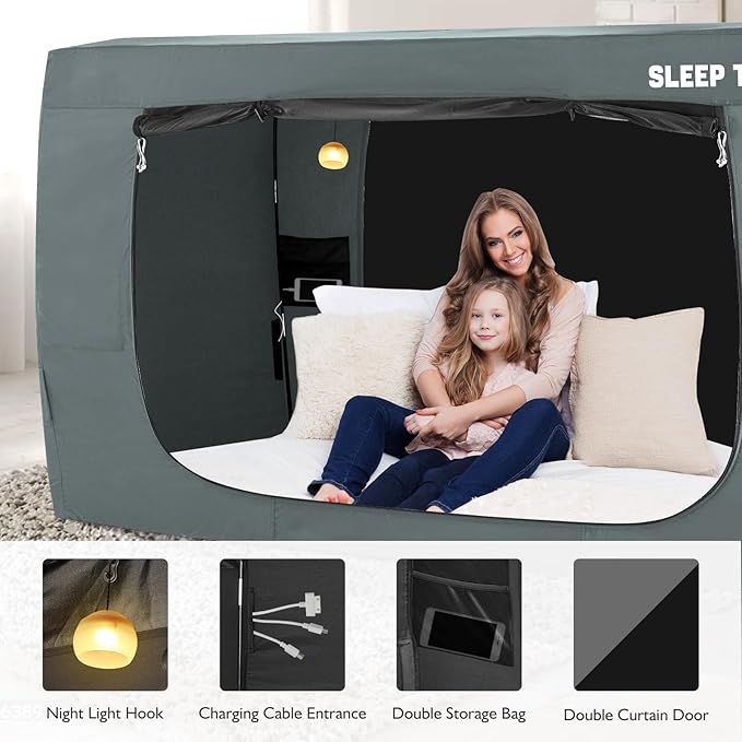 BORNA Bed Tent Full Bed Canopy for Indoor Portable Light Reducing Sleeping Canopy for Kids and Adult,Bunk Blackout Tents Breathable Privacy Space Tent Mosquito Netting for Bed(Pale Gray)