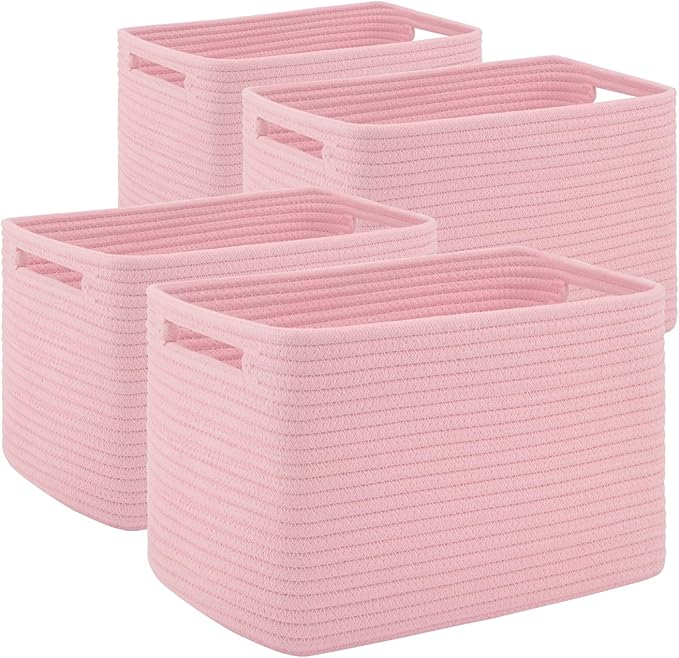 4 Pack Storage Baskets for Organizing Toys, Towels, and Clothes, Woven Basket for Shelves, Sturdy Nursery Cube Bins for Storage, 13''L x9''W x7.8''H, Pink