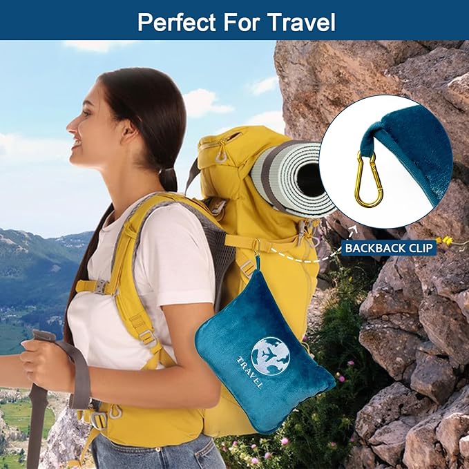 Bnuitland Travel Blanket and Pillow 2 in 1, Soft Flannel Airplane Blanket in Bag Compact-Long Flight Essential for Adults and Kids, Portable Luggage Sleeve and Backpack Clip, 65×40 inch Teal Blue