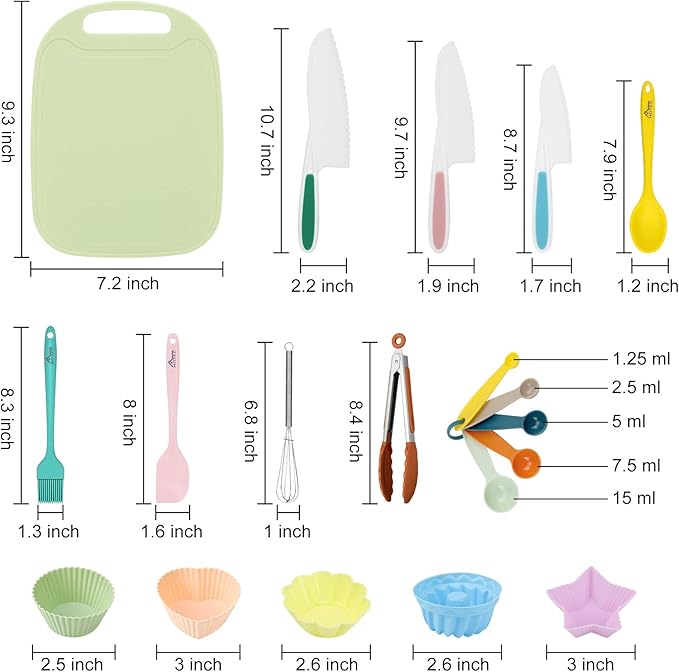 HOTEC Kids Baking Cooking Supplies Set Nylon Children's Kitchen knives BPA Free Cuttting Board Silicone Spoon Spatula Cupcake mold