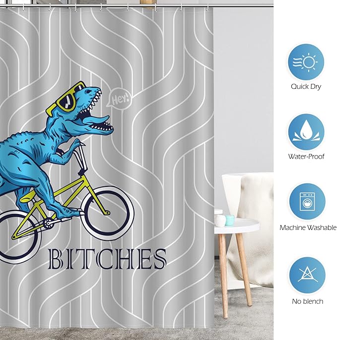 Aimego Long Funny Shower Curtain - Cute Blue Dinosaur Ride A Bike Fun Dino Fabric Cloth Bath Shower Curtain Set with 12 Hooks for Bathroom Decor Accessories Bathtub Curtain, 72"x78"