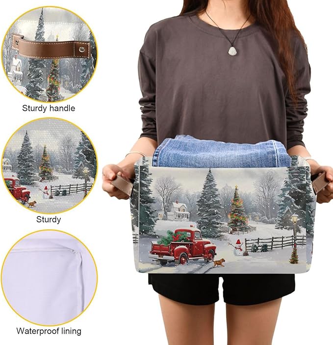 Christmas Tree Red Truck Storage Basket Fabric Laundry Baskets Winter Snowman Snowflake Golden Retriever Dog Storage Boxes Organizer Bag for Cloth Toy Book Storage Cubes Shelf Closet Bins 16×12×8