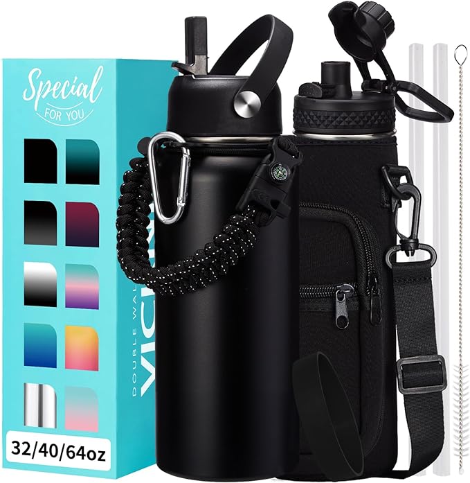 32oz Insulated Water Bottles - with Straw Spout Lid, Bottle Holder Strap Sleeve, Survival Paracord Handle, Protective Cup Mat, Sweat-Proof Water Bottle, Metal Thermo Flask for Sports Workout