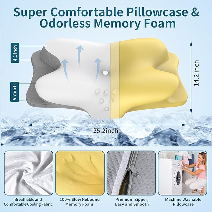 Cervical Neck Pillow - Cooling Pillow for Neck Pain Relief, Ergonomic Contour Side Sleeper Pillow for Sleeping, Orthopedic Memory Foam Pillows for Back & Stomach Sleepers with Pillowcase