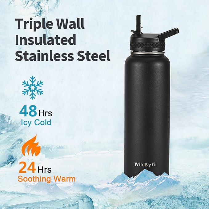 40 oz Insulated Water Bottle with Straw (Cold for 48 Hrs), Stainless Steel Triple Wall Vacuum Sports Water Jug, Leakproof Hydro Cup Flask with Paracord Handle & Straw Spout Lids & DIY Stickers