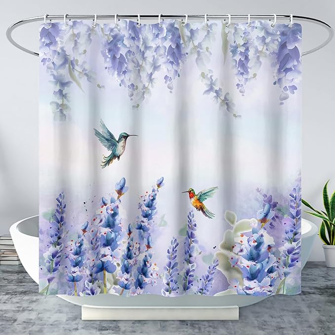 AILONEN Waterproof Floral Shower Curtain for Bathroom,Purple Blue Botanical Wisteria Lavender Flowers Shower Curtain,Watercolor Floral Decor Bathroom Polyester with Grommets and Hooks 72" W*84" H