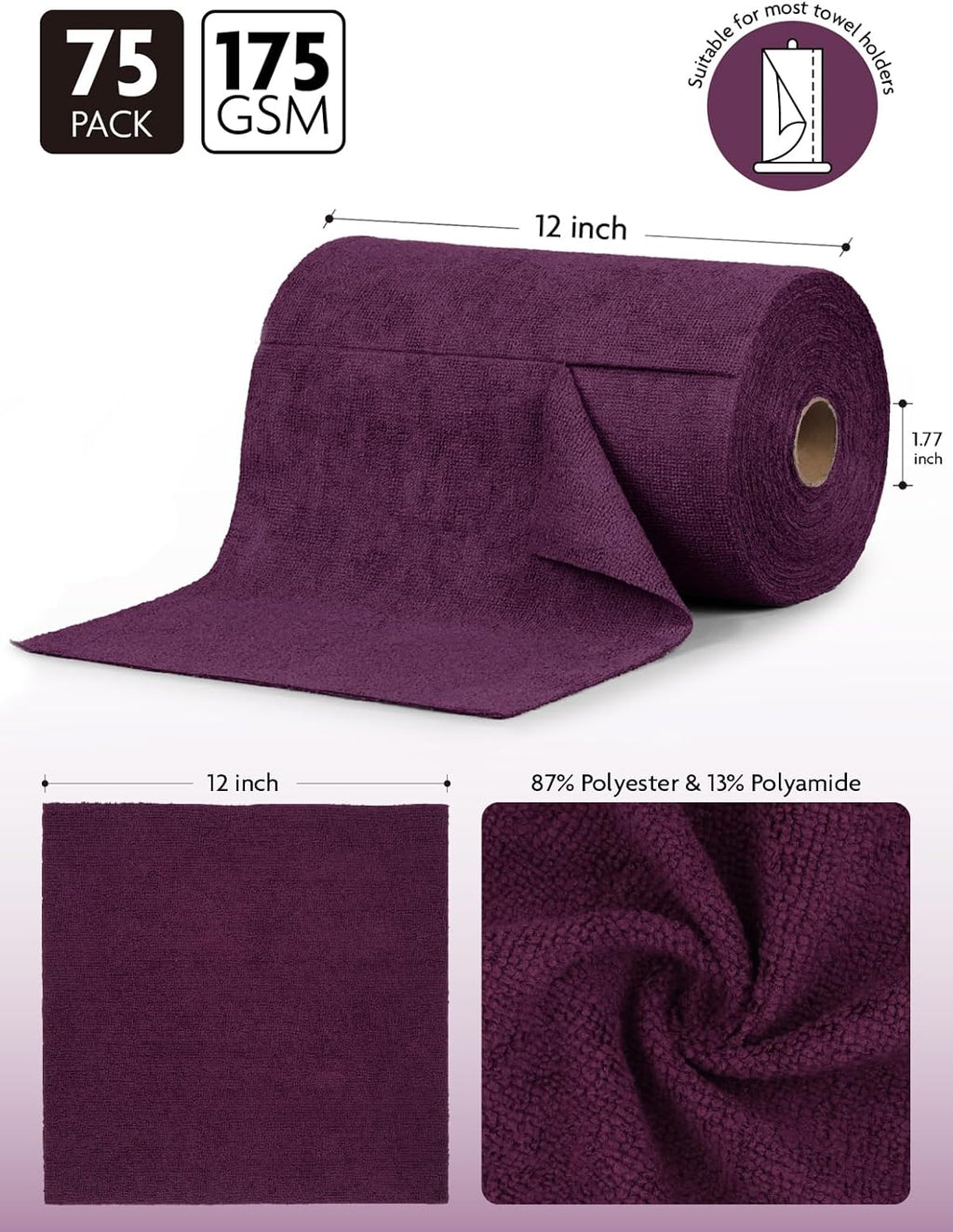 Fantasticlean Microfiber Cleaning Cloth Roll -75 Pack, Tear Away Microfiber Towels, 12" x 12", Reusable, Washable, Scratch Free, Ultra Absorbent Dish Rags for Car, Home, Garage or Shop (Dark Purple)